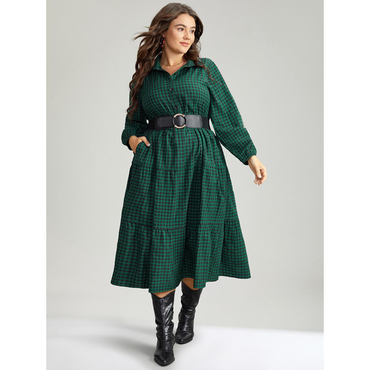 Plus Size Gingham Pocket Button Up Elastic Waist Dress DarkGreen Women Casual Elastic cuffs Shirt collar Long Sleeve Curvy Midi Dress BloomChic 22-24/3X Product Image
