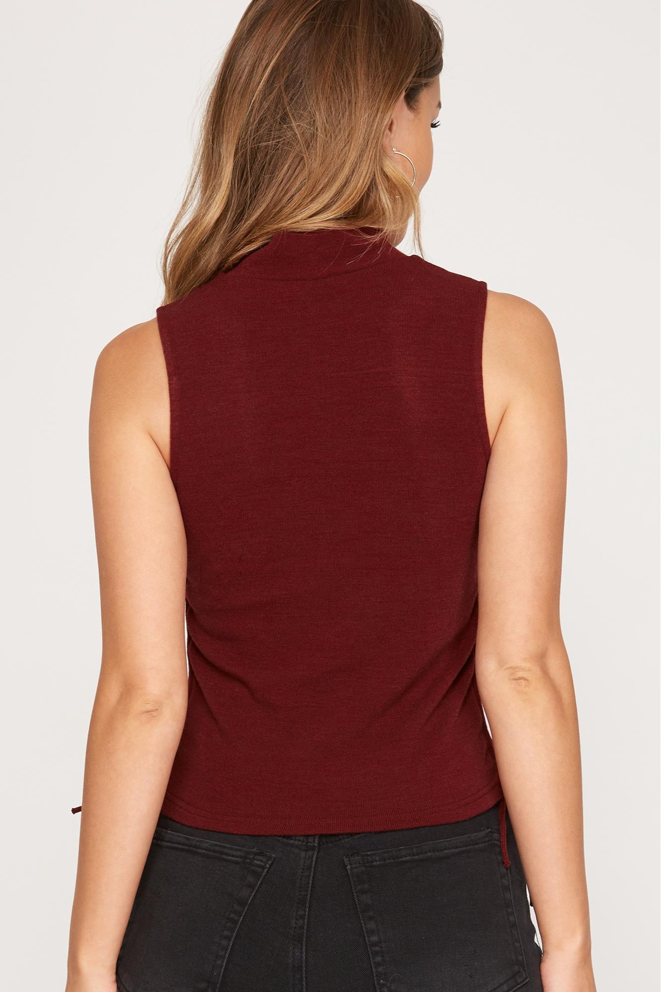 Sleeveless Mock Neck Drawstring Ruched Side Knit Top Product Image