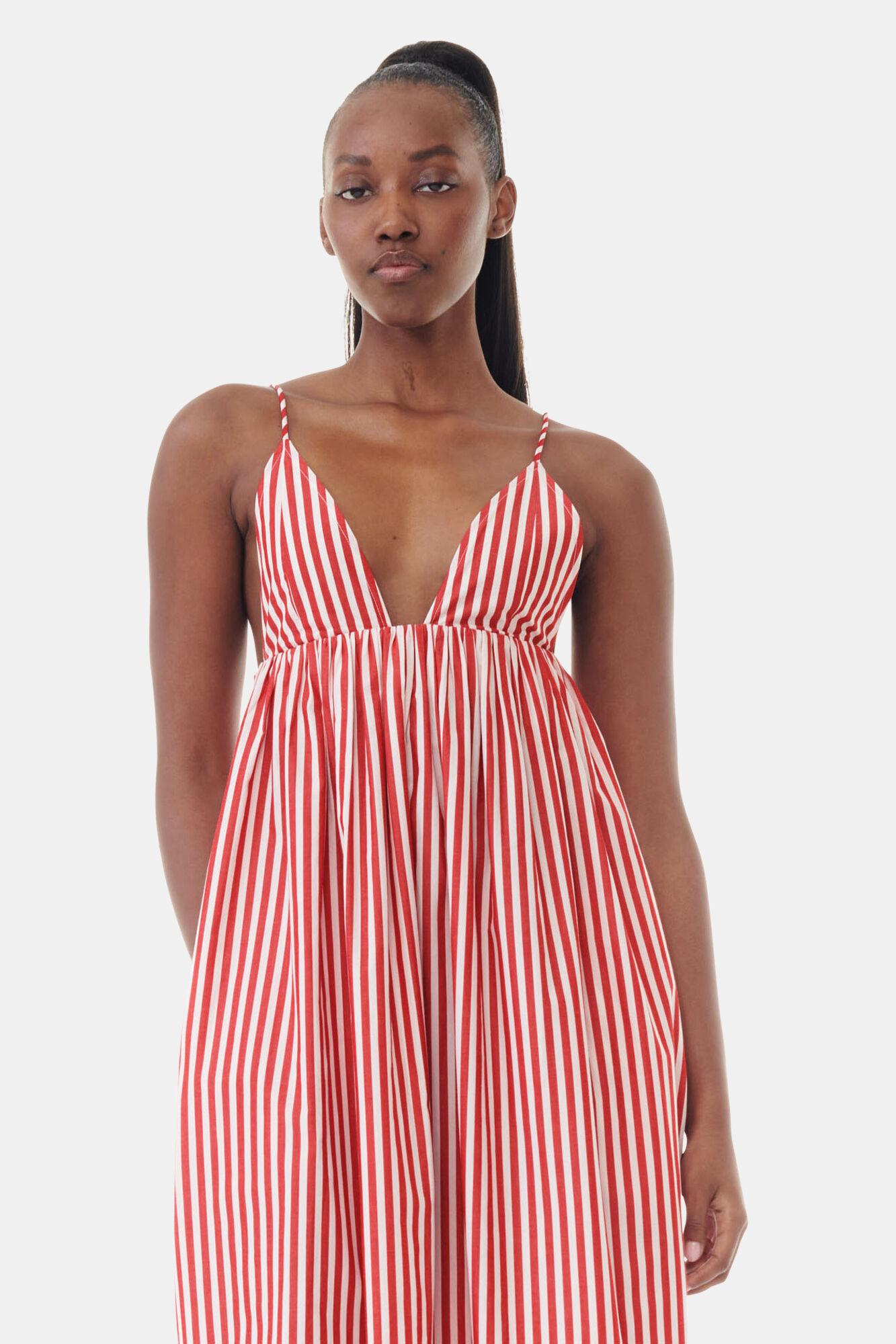 Red Stripe Cotton Strap Midi Dress Product Image