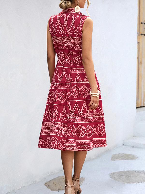Sleeveless Buttoned Printed Tied Waist Lapel Collar Midi Dresses Product Image