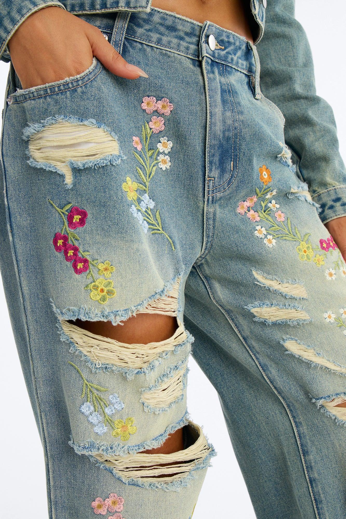 Enchanted Garden Embroidered Ripped Jeans - Vintage Wash Female Product Image
