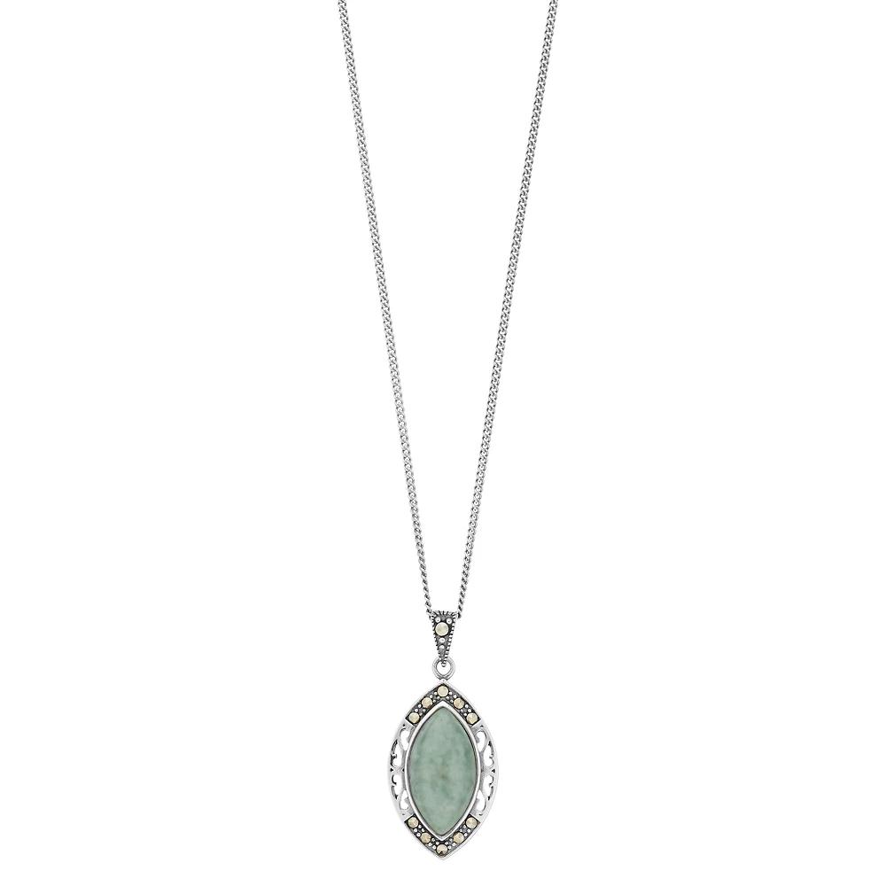 Tori Hill Sterling Silver Jade & Marcasite Marquise Pendant, Women's, Size: 18" Product Image
