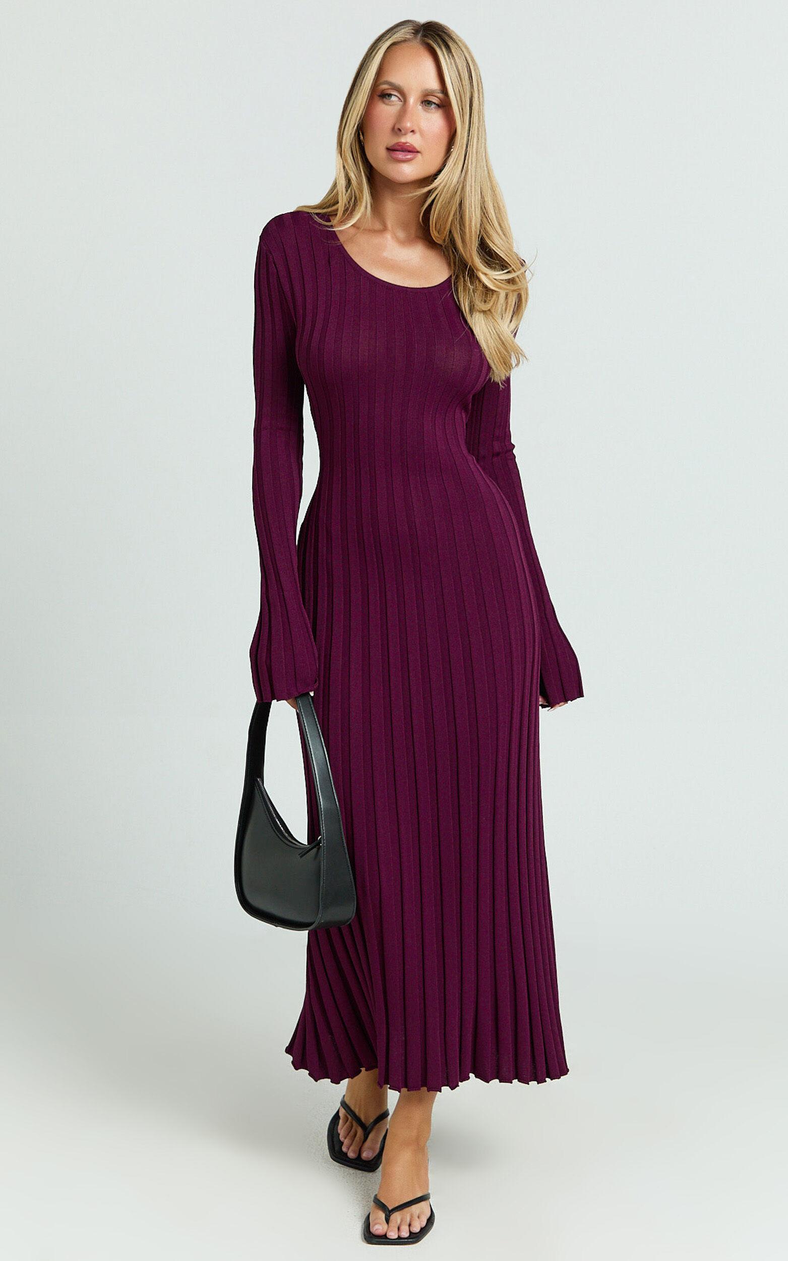 Blaire Midi Dress - Long Sleeve Tie Back Flare Dress in Wine Product Image