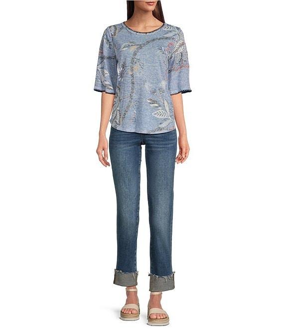 Bobeau Knit Paisley Print Crew Neck Elbow Sleeve Stitch Tee Product Image