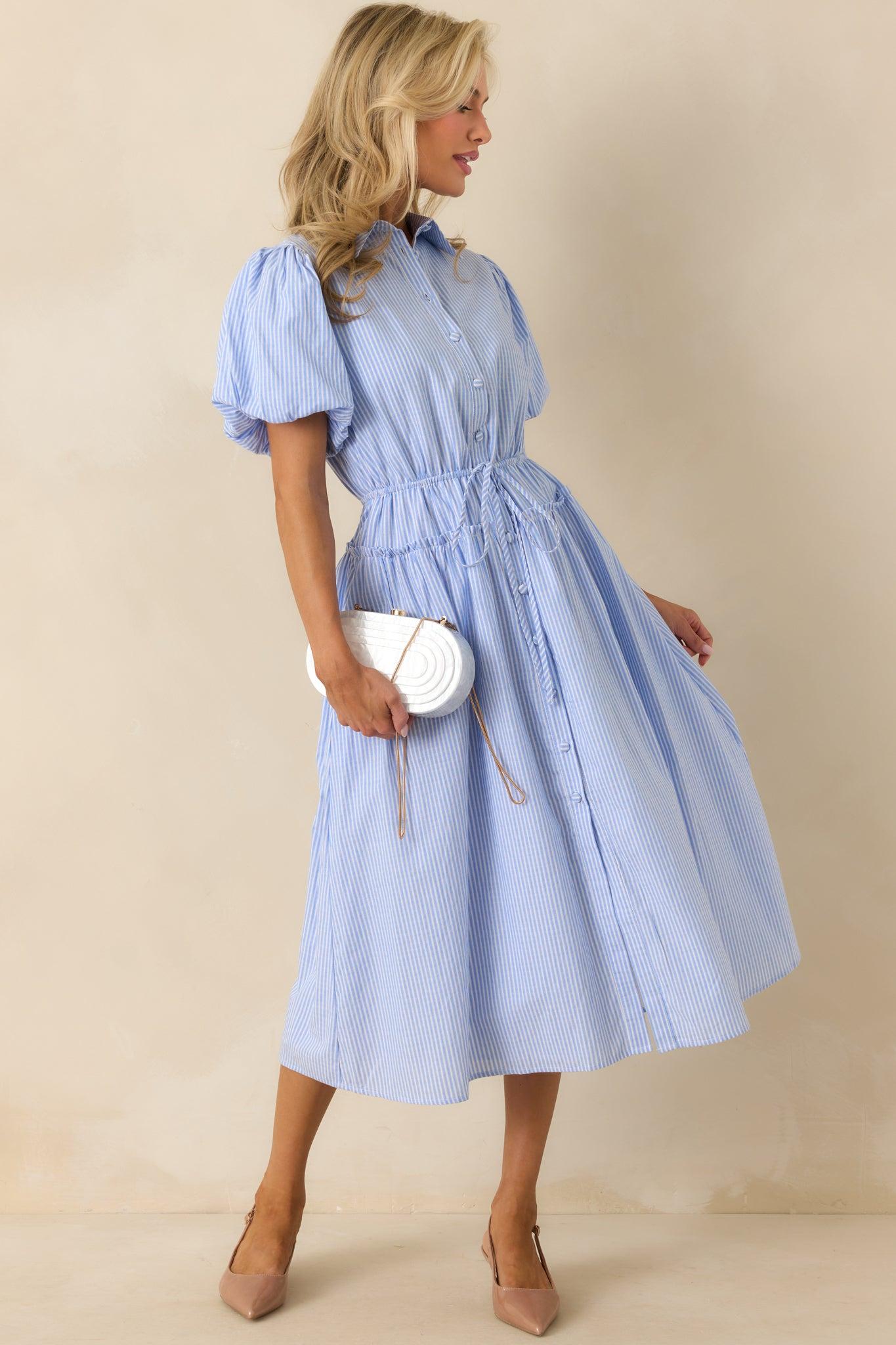A Twist On Timeless Blue Stripe Rayon Maxi Shirt Dress Product Image
