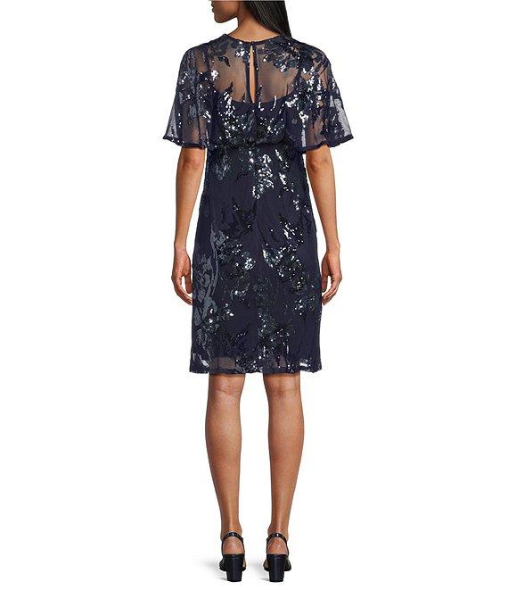 R & M Richards Petite Size Embroidered Sequin Power Mesh Floral Print Dress Product Image