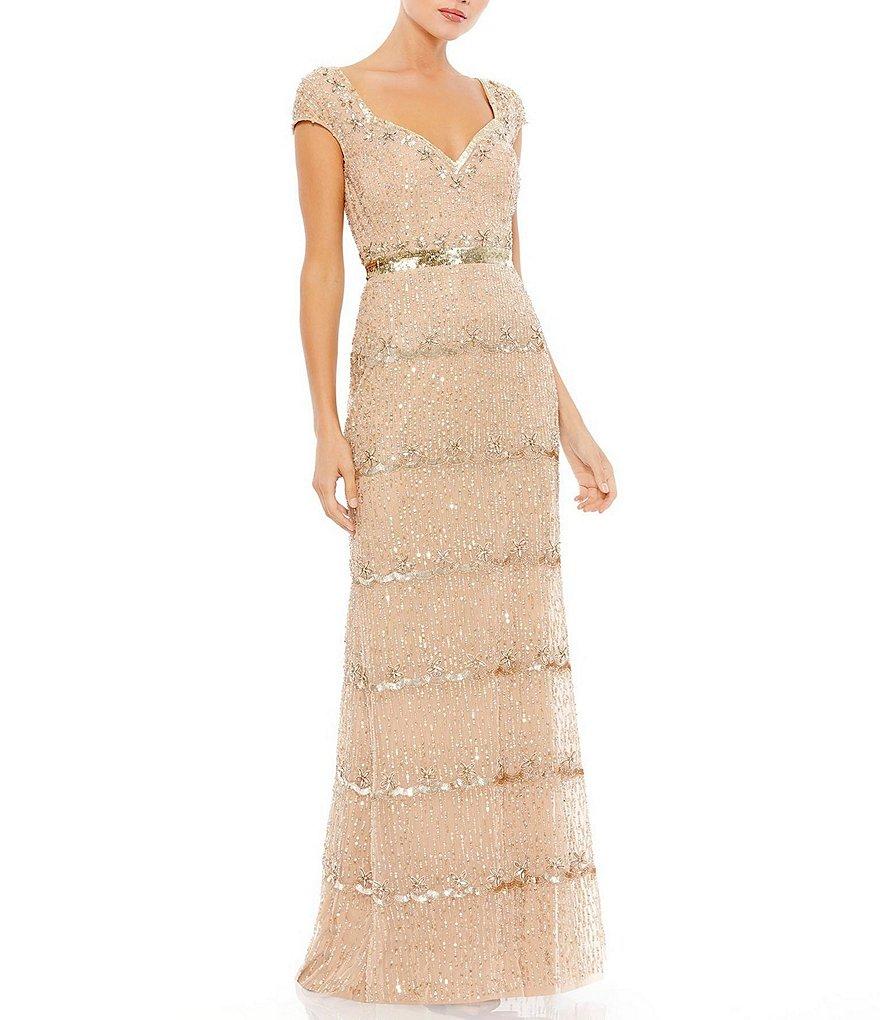 Mac Duggal Sweetheart Neck Cap Sleeve Teired Sequin Column Gown Product Image