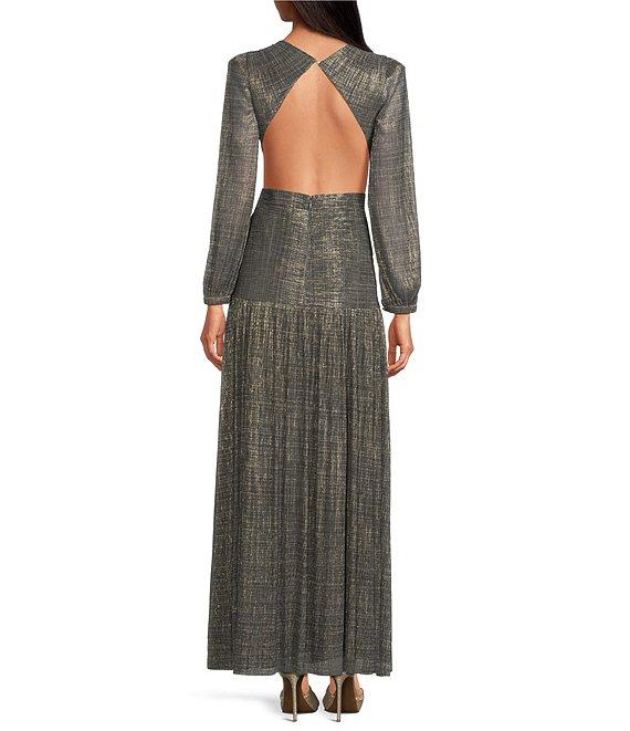 Gianni Bini Hazel Metallic Chiffon V-Neck Long Sleeve Cut Out Dress Product Image