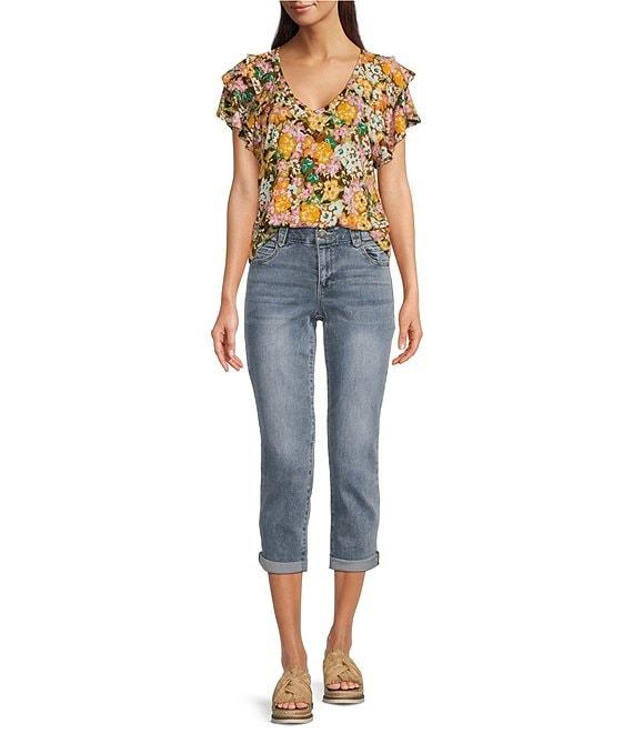 Democracy Petite Size Slub Jersey Knit Floral V-Neck Tiered Short Sleeve Top Product Image