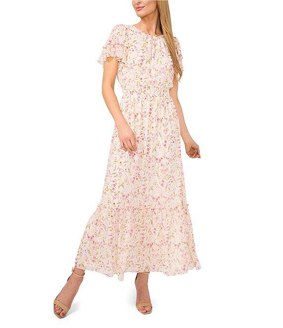 CeCe Round Neck Short Sleeve Floral Print Smocked Waist Maxi A-Line Dress Product Image