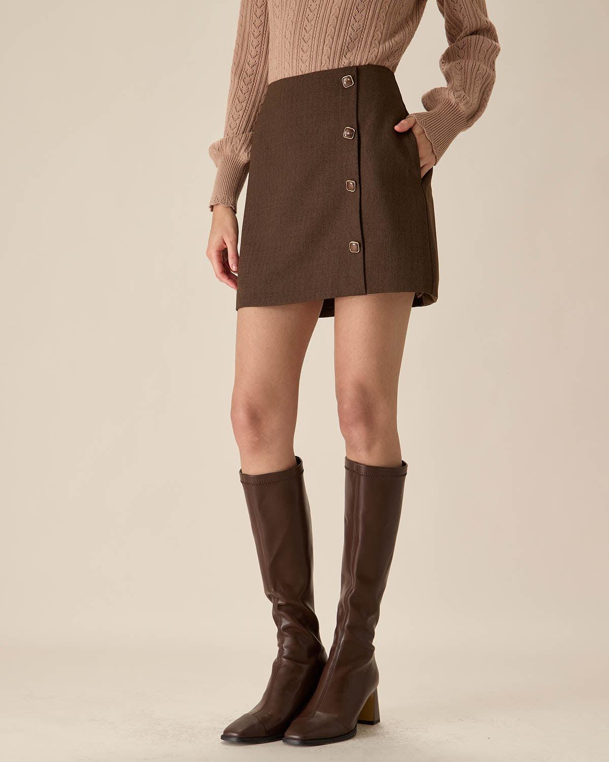 Coffee High-waisted Button Mini Skirt Product Image