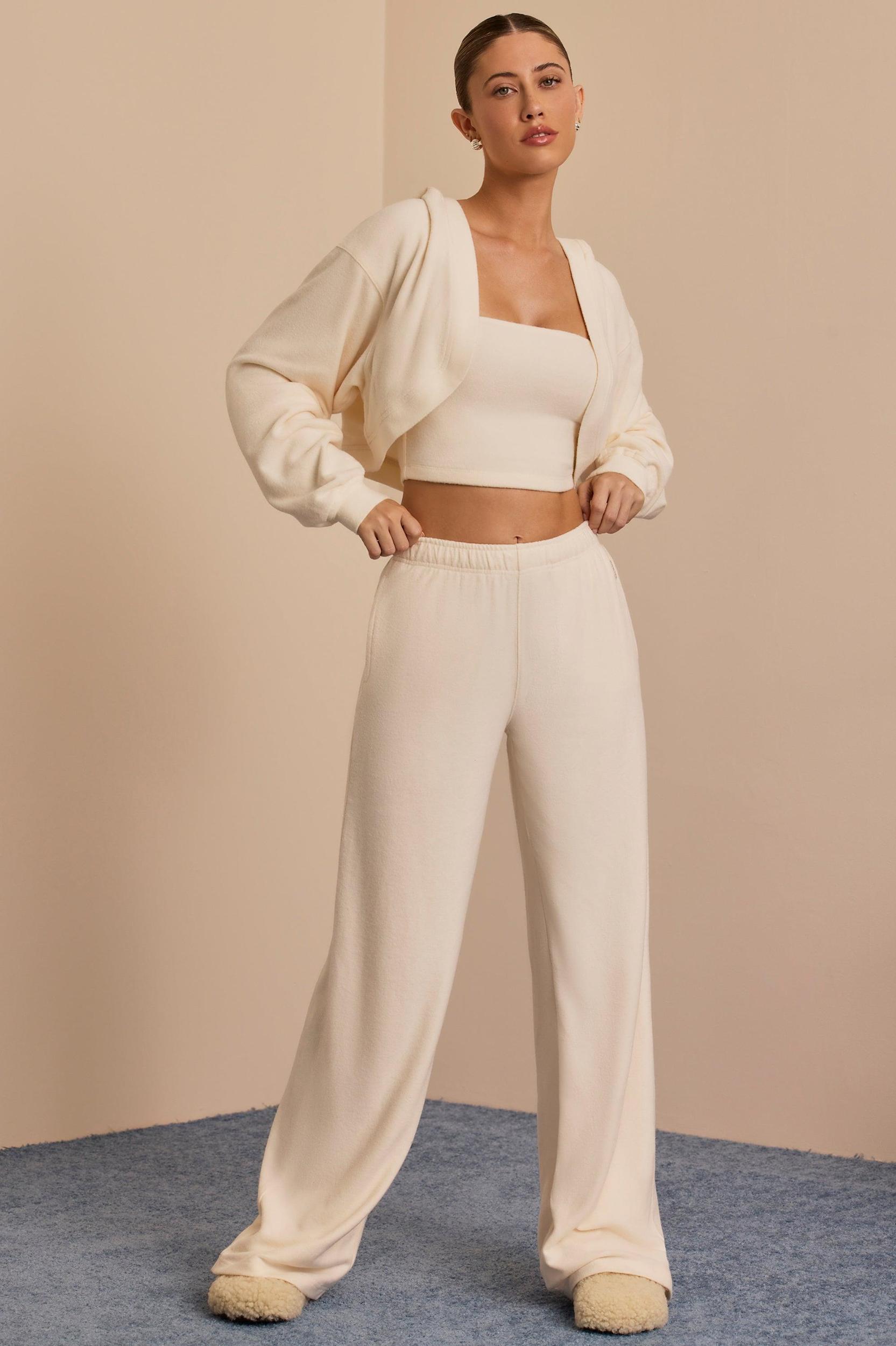 Brushed Jersey Hooded Cropped Shrug in Ecru Product Image