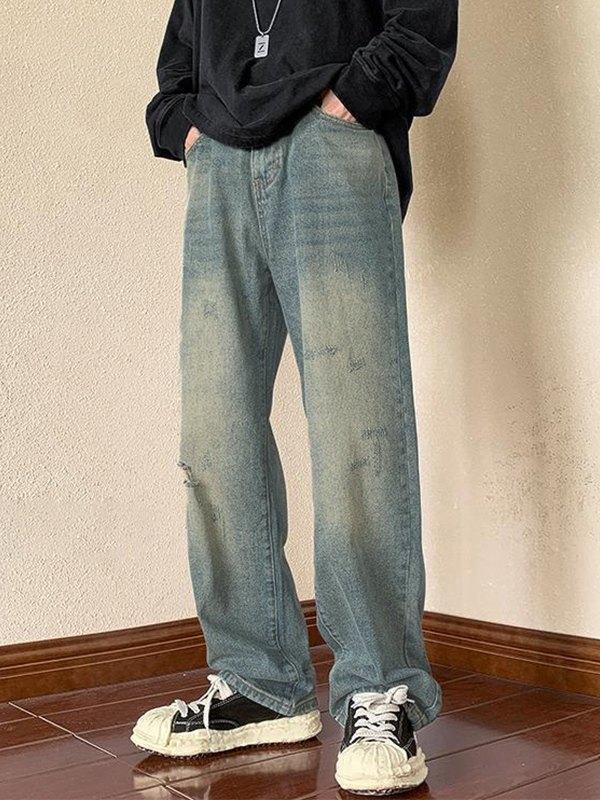 Men's Vintage Distressed Denim Loose Jeans Product Image