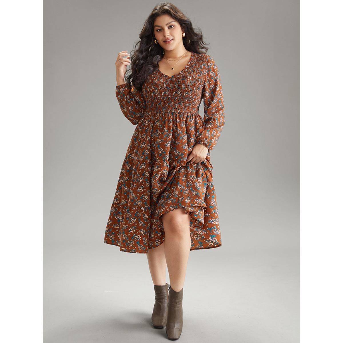 Plus Size Ditsy Floral Shirred Flutter Layered Hem Dress Rust Women Elegant Elastic cuffs V-neck Long Sleeve Curvy Midi Dress BloomChic 18-20/2X Product Image