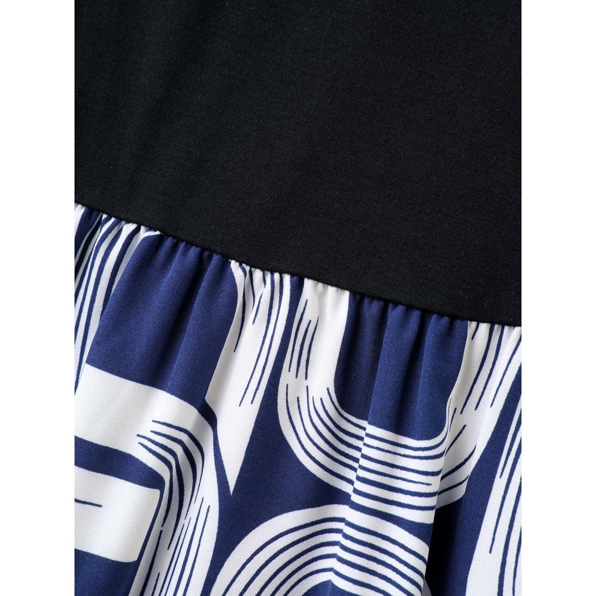 Plus Size Abstract Pattern Color Contrast Belted Midi Dress Navy Women Round Neck Short sleeve Curvy BloomChic 18-20/2X Product Image