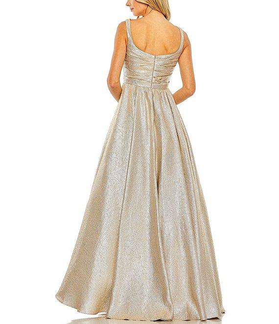 Mac Duggal Square Neck Sleeveless Metallic Pleated Ball Gown Product Image