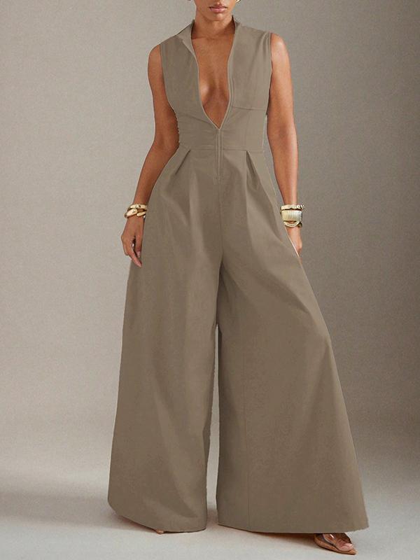 Sleeveless Wide Leg Pleated Solid Color Split-Joint Zipper Round-Neck Jumpsuits Product Image