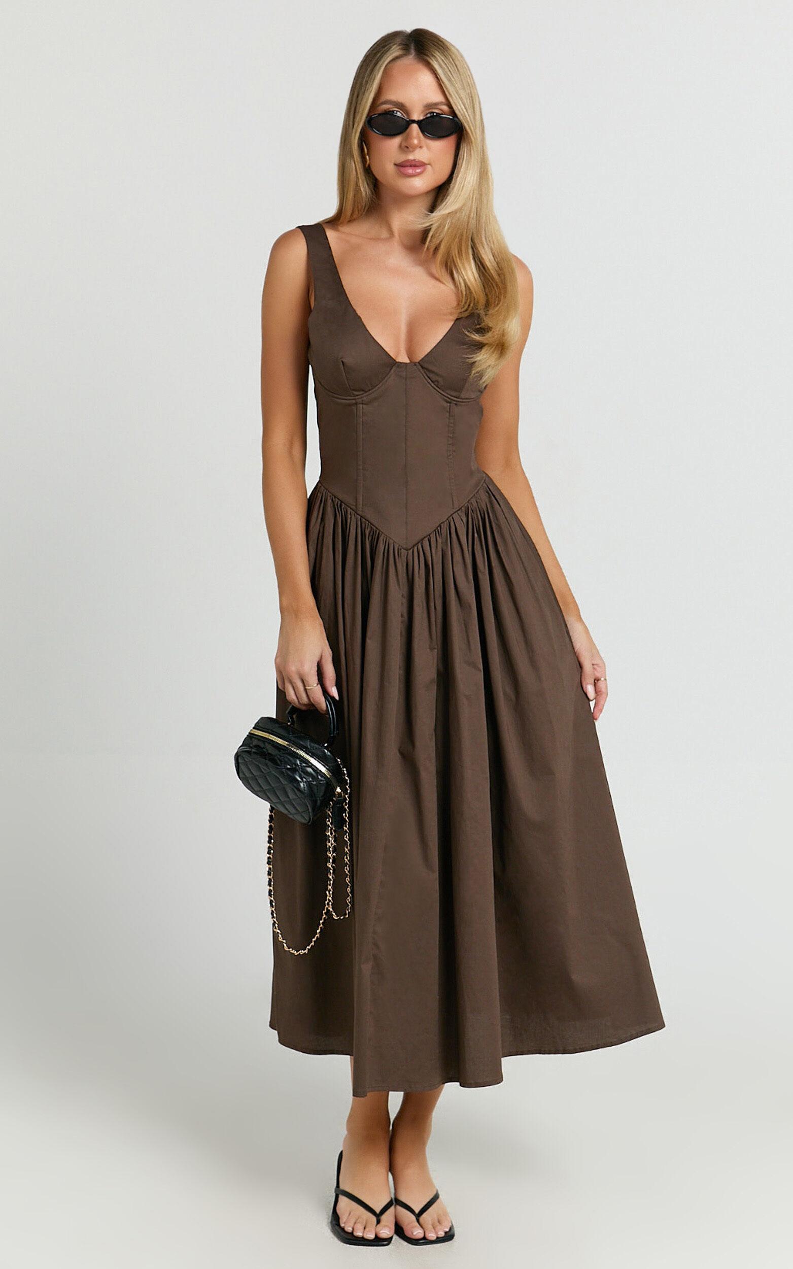 Beckett Midi Dress - Scoop Neck Drop V Waist Gathered Skirt Dress in Dark Chocolate Product Image