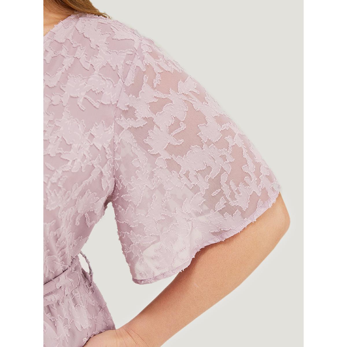 Plus Size Plain Floral Pocket Belted Mesh Ruffle Trim Wrap Midi Dress Lilac Women Glamour Lined V-neck Short sleeve Curvy Midi Dress BloomChic 30/6X Product Image