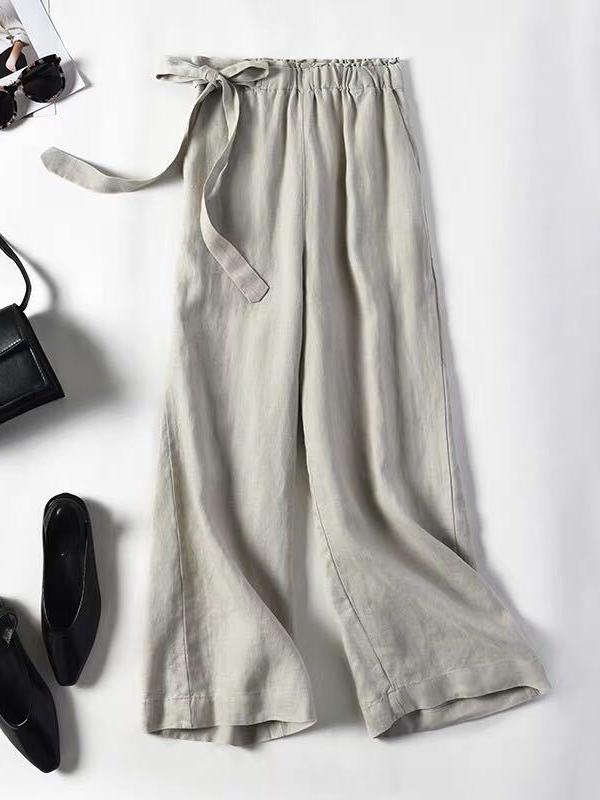Simple Ramie Cotton Solid Color Loose Ninth Wide-Leg Pants Product Image