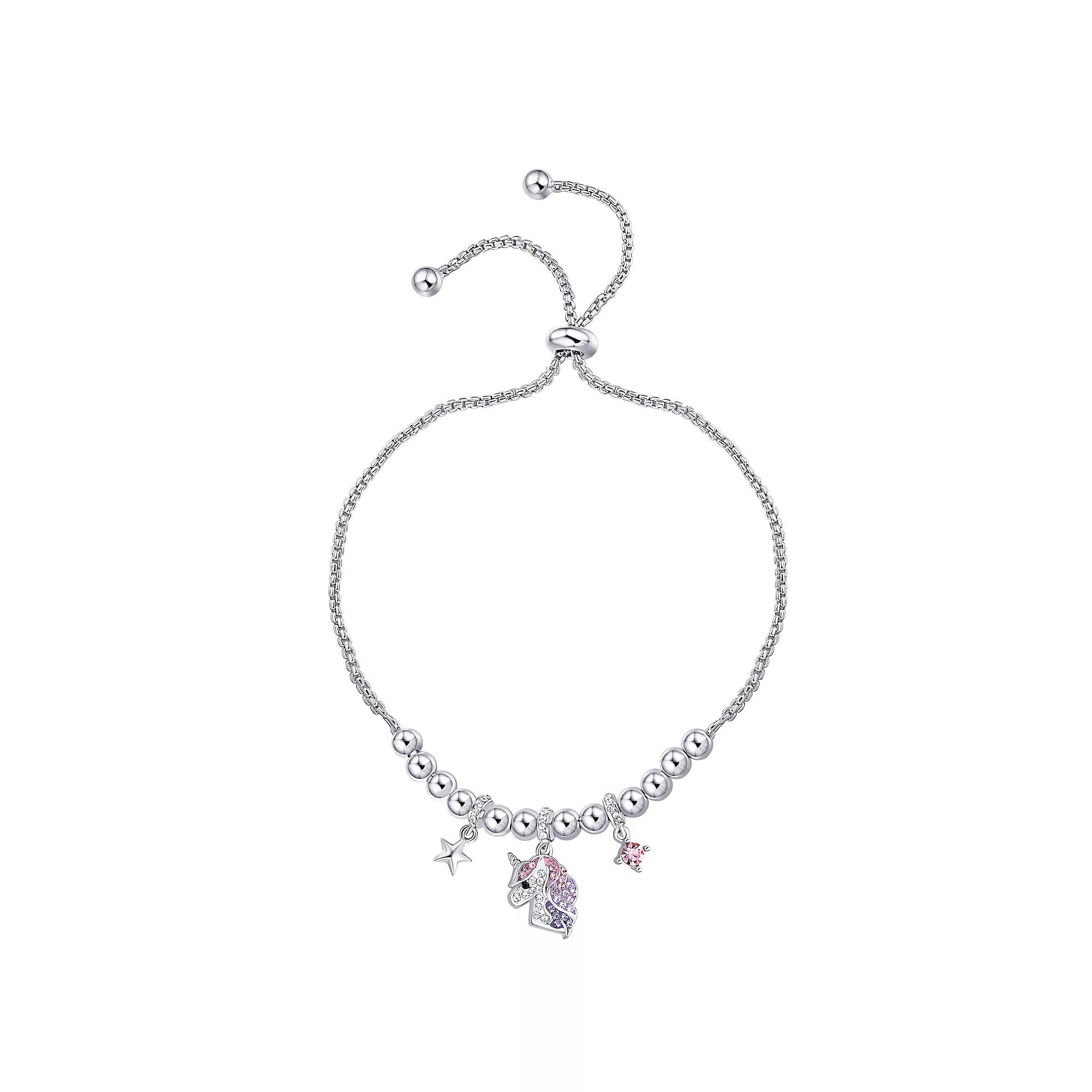 Crystal Collective Fine Silver Plated Pink Crystal Multi Charm Unicorn Adjustable Bracelet, Womens Product Image