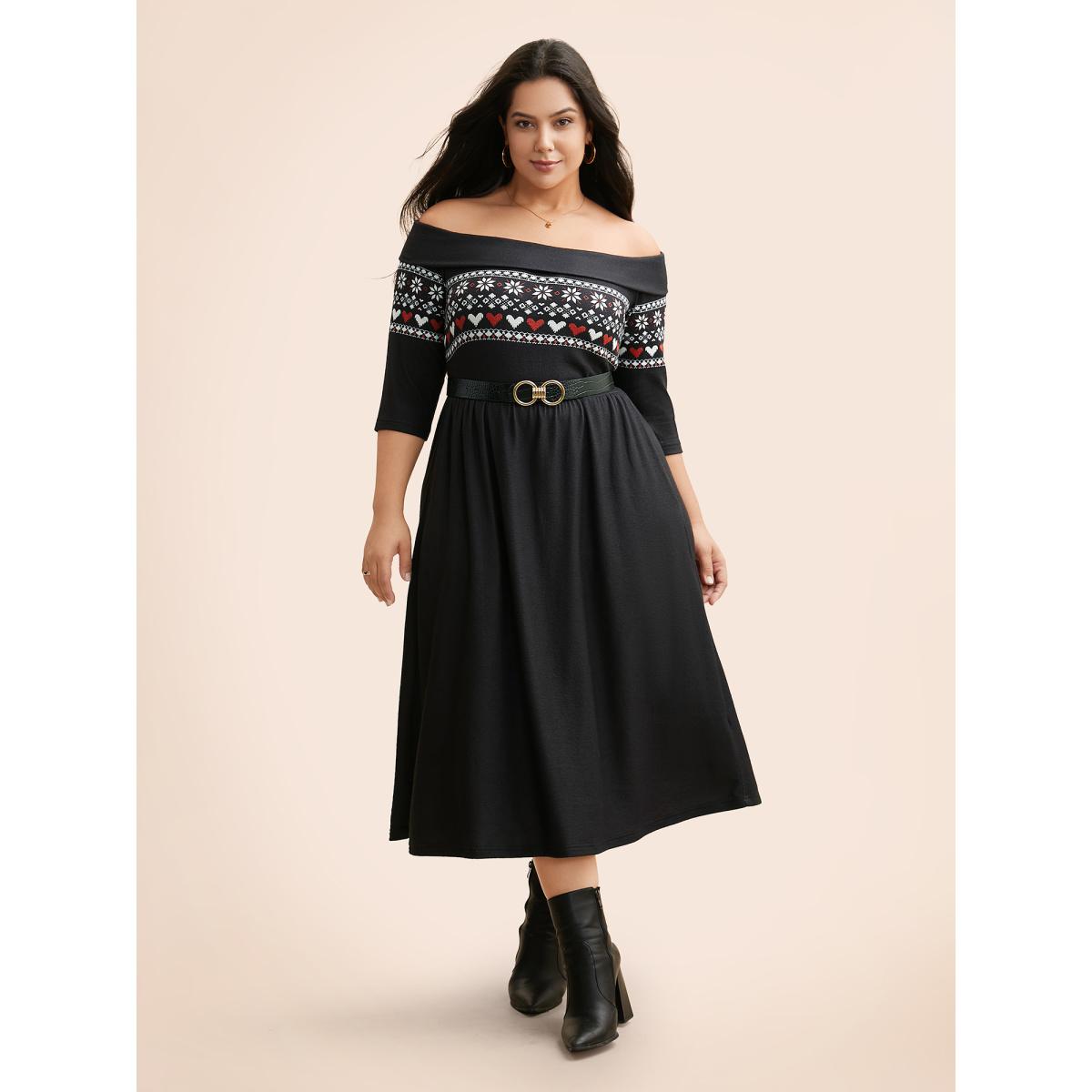 Plus Size Geometric Off Shoulder Neck Midi Dress Black Women Elegant Non One-shoulder neck Elbow-length sleeve Curvy BloomChic 10/M Product Image