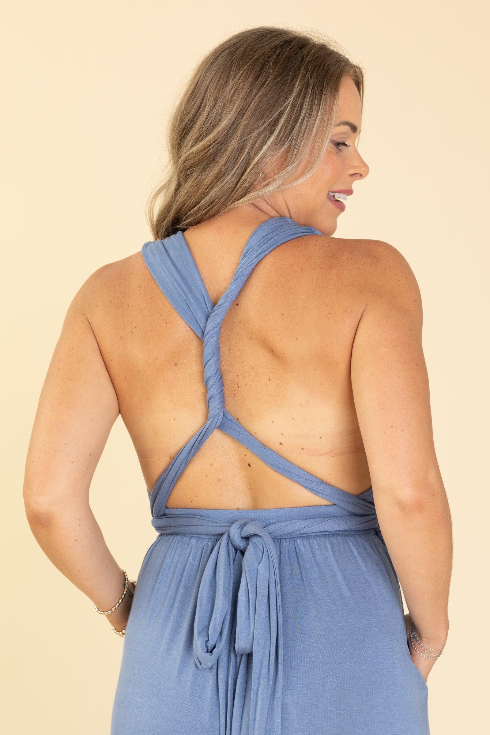 Dusty Blue Convertible Strap Wide Leg Jumpsuit Product Image