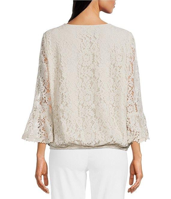 Ali Miles Woven Lace V-Neck 3/4 Flounce Sleeve Tie-Front Tunic Product Image