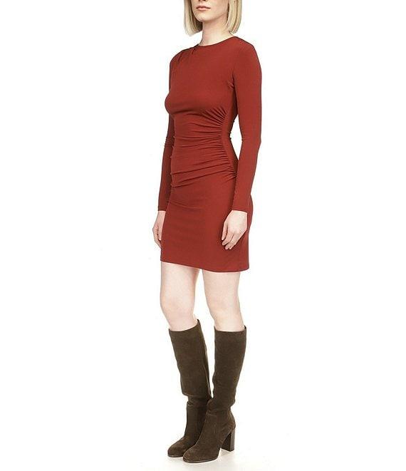 Michael Kors Matte Jersey Crew Neck Long Sleeve Side Ruched Bodycon Dress Product Image
