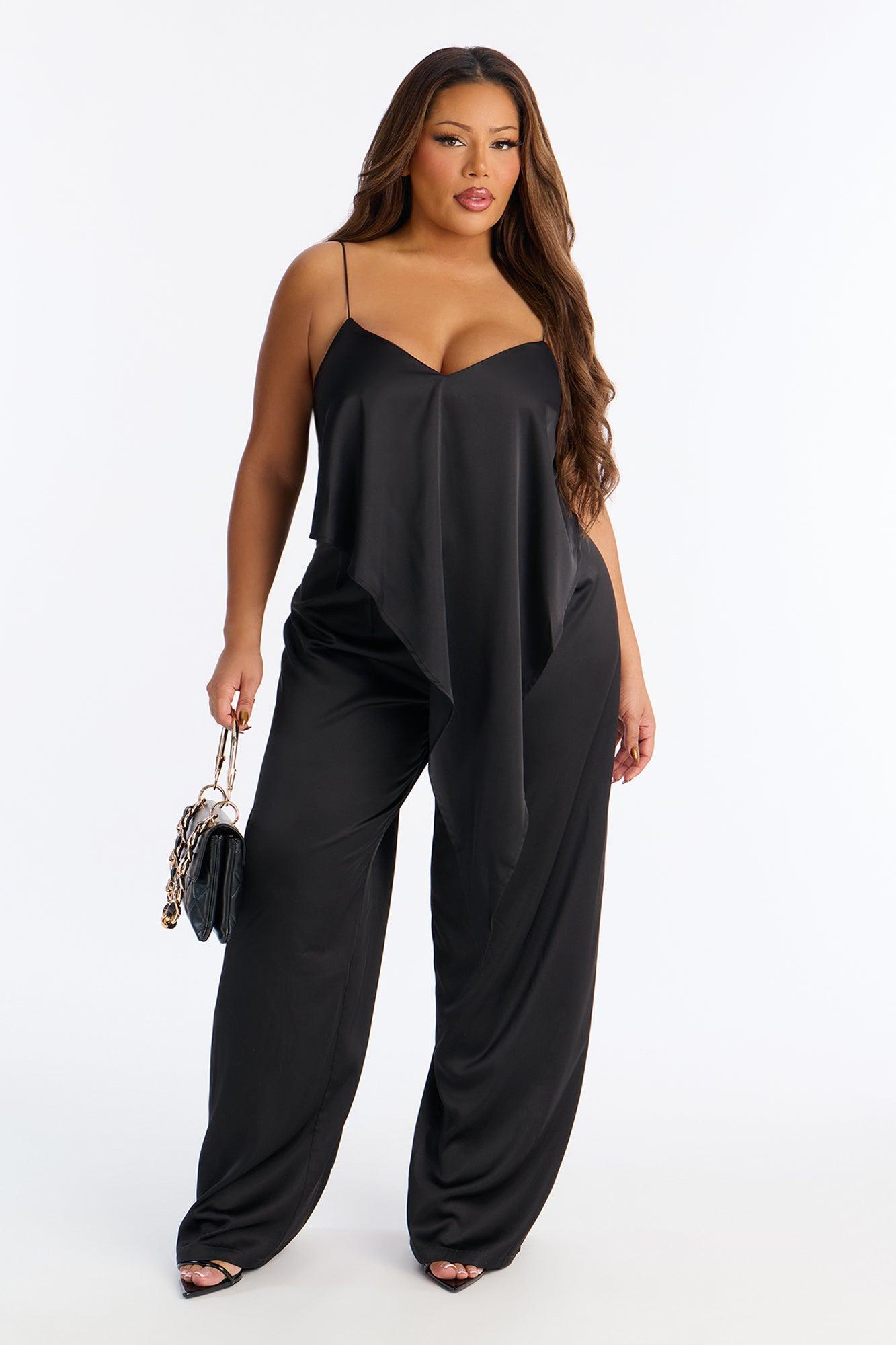 Juna Draped Asymmetrical Satin Jumpsuit - Black Female Product Image