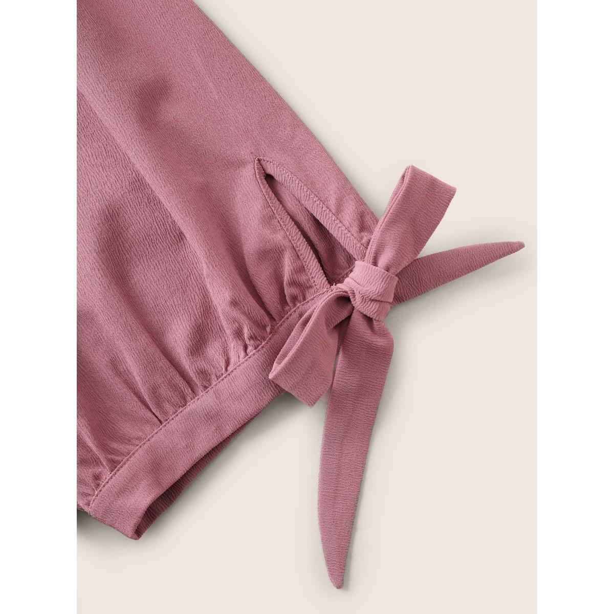 Plus Size RedViolet Stretchy Woven Tie Knot Button Detail Blouse Women Casual Half Sleeve V-neck Everyday Blouses BloomChic 18-20/2X Product Image