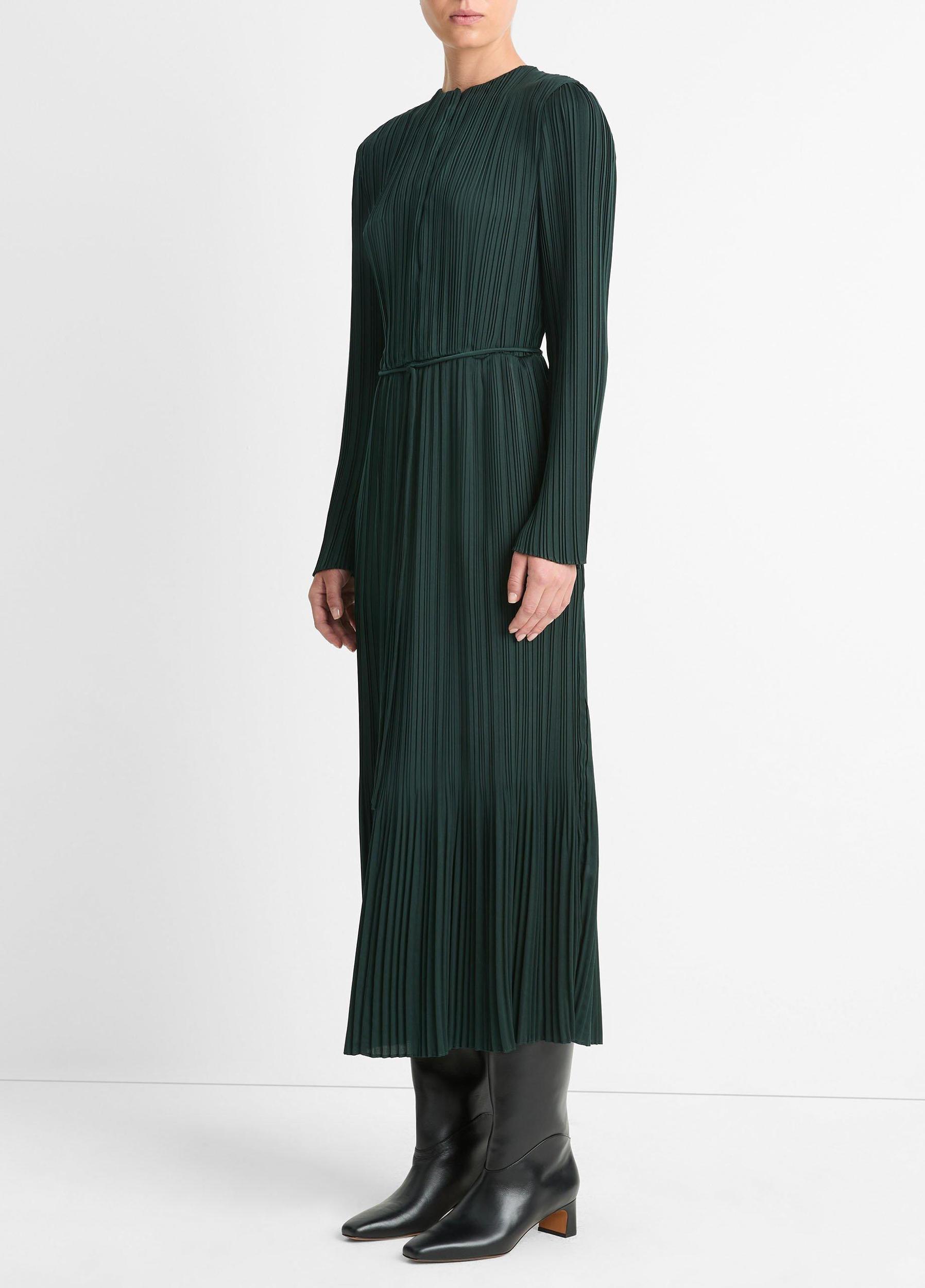 Pleated Satin Long-Sleeve Dress Product Image