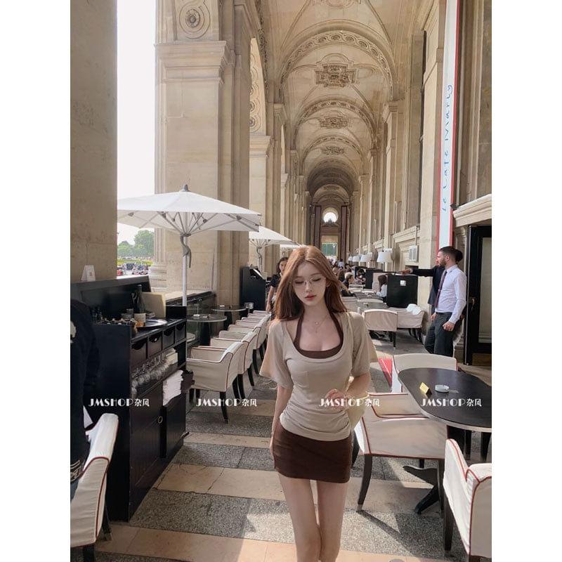 Short Sleeve Scoop Neck Plain T-Shirt / Halter Plain Bra Top / High Waist Mini Pencil Skirt / Set Product Image