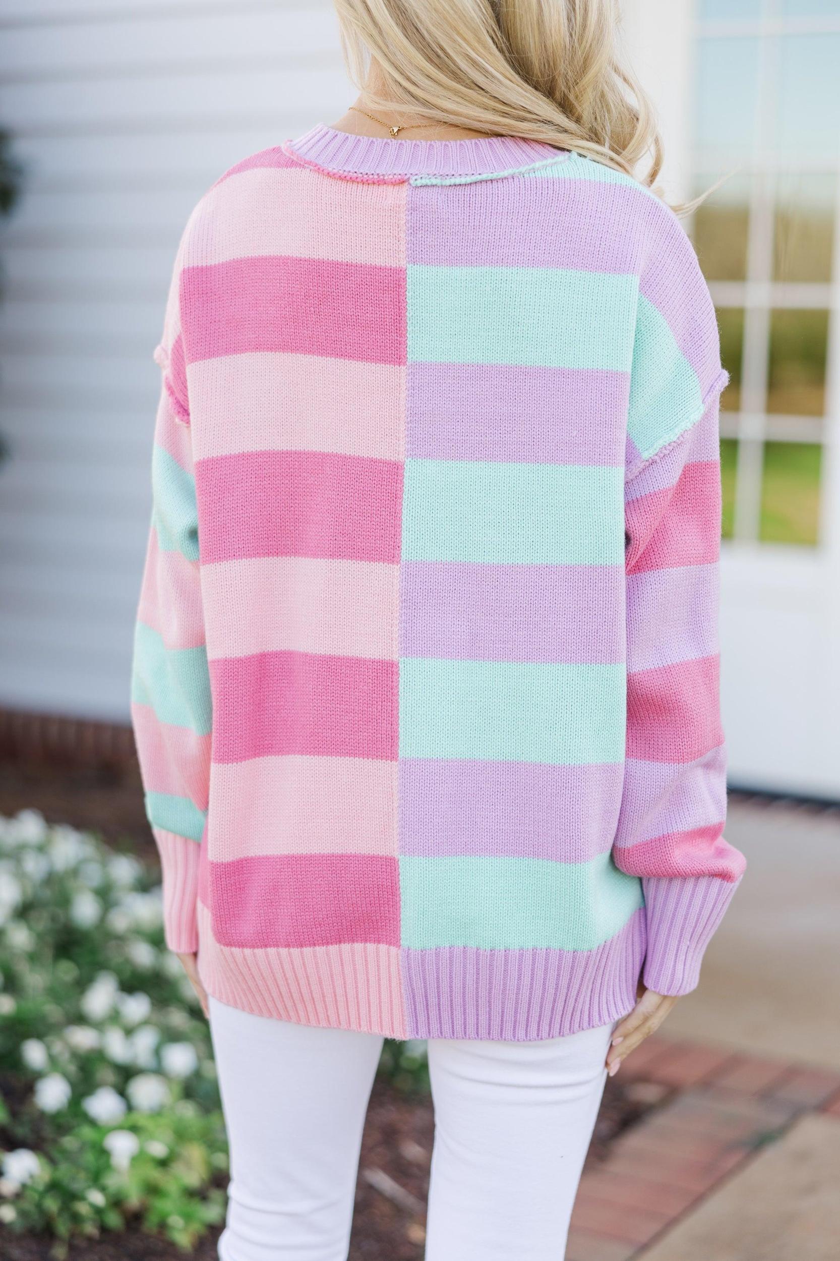 All About You Mint & Coral Striped Sweater Female Product Image