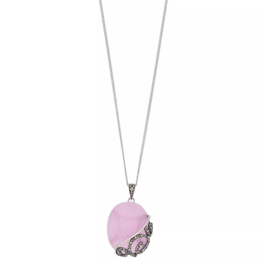 Tori Hill Sterling Silver Pink Glass & Marcasite Oval Pendant, Women's, Size: 18" Product Image