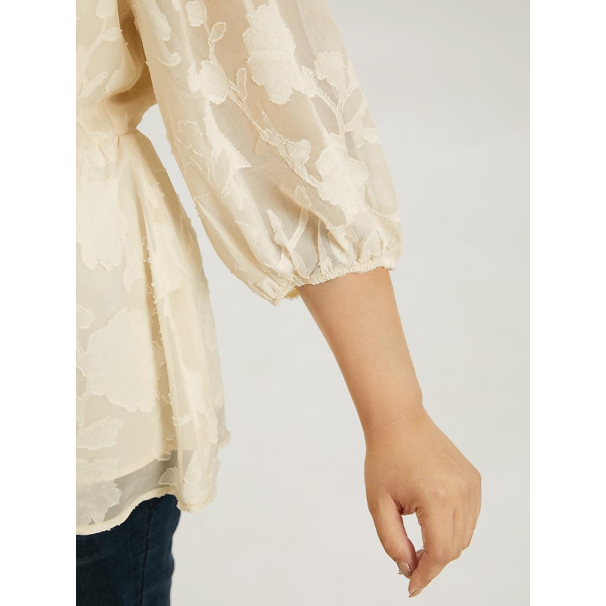 Plus Size Beige Plain Notched Ruched Lantern Sleeve Mesh Blouse Women Elegant Elbow-length sleeve Notched collar Dailywear Blouses BloomChic 12/L Product Image