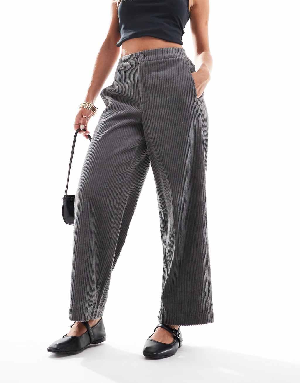 ASOS DESIGN Petite cord barrel pants in charcoal Product Image
