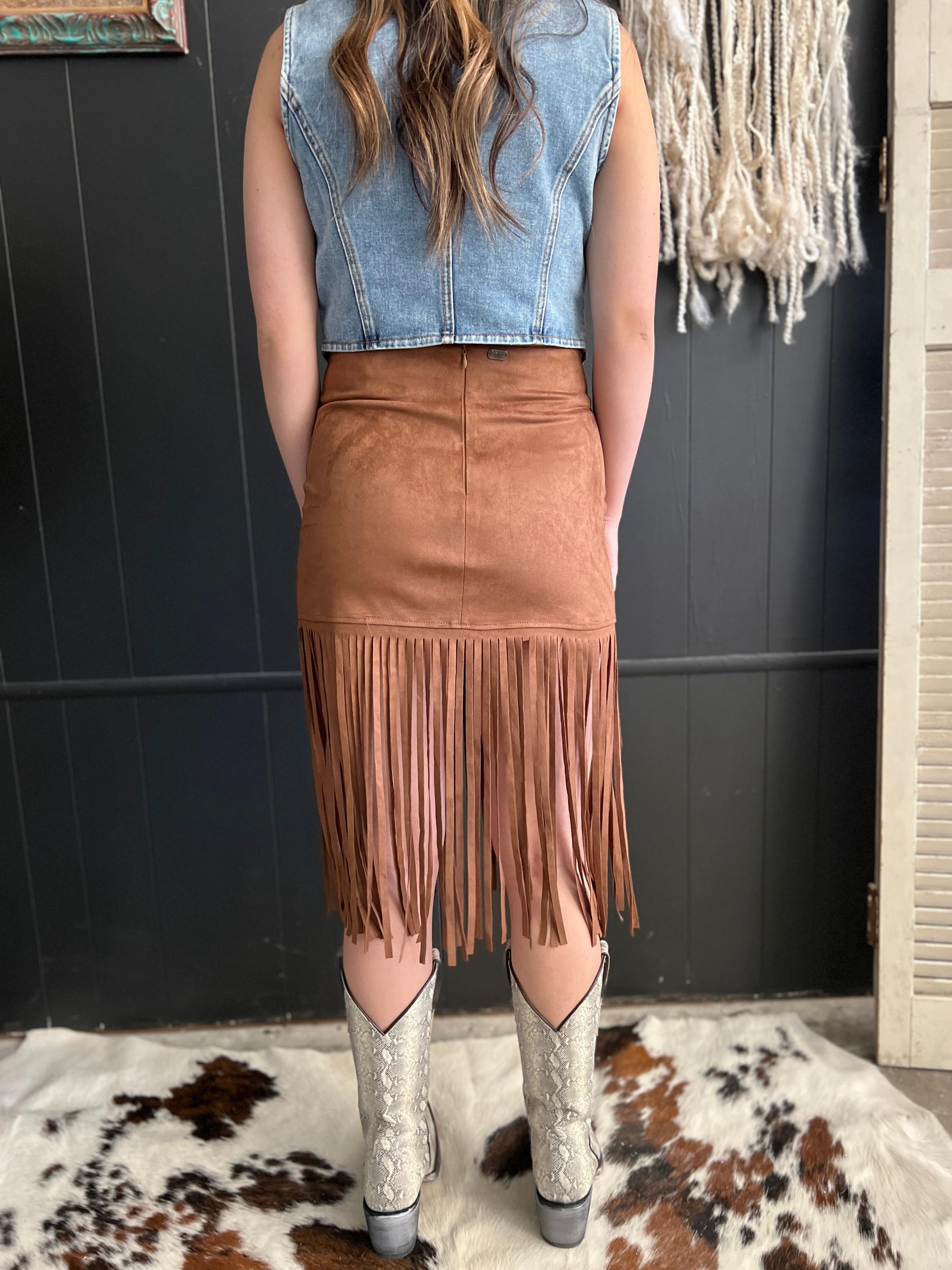 L&B Brown Western Boot Stitch Embroidered Studded Suede Fringe Skirt Product Image