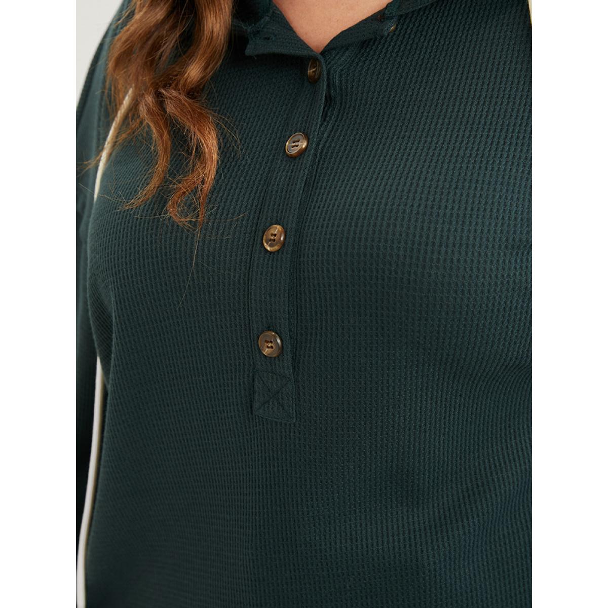 Plus Size Solid Pocket Button Drawstring Waffle Knit Hooded Sweatshirt Women Green Casual Drawstring Loose Hooded Dailywear Sweatshirts BloomChic 22-24/3X Product Image