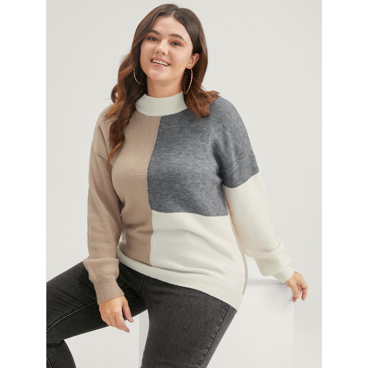 Plus Size Colorblock Contrast Pointelle Knit Heather Mock Neck Knit Top Multicolor Women Casual Long Sleeve Mock Neck Dailywear Pullovers BloomChic 30/6X Product Image