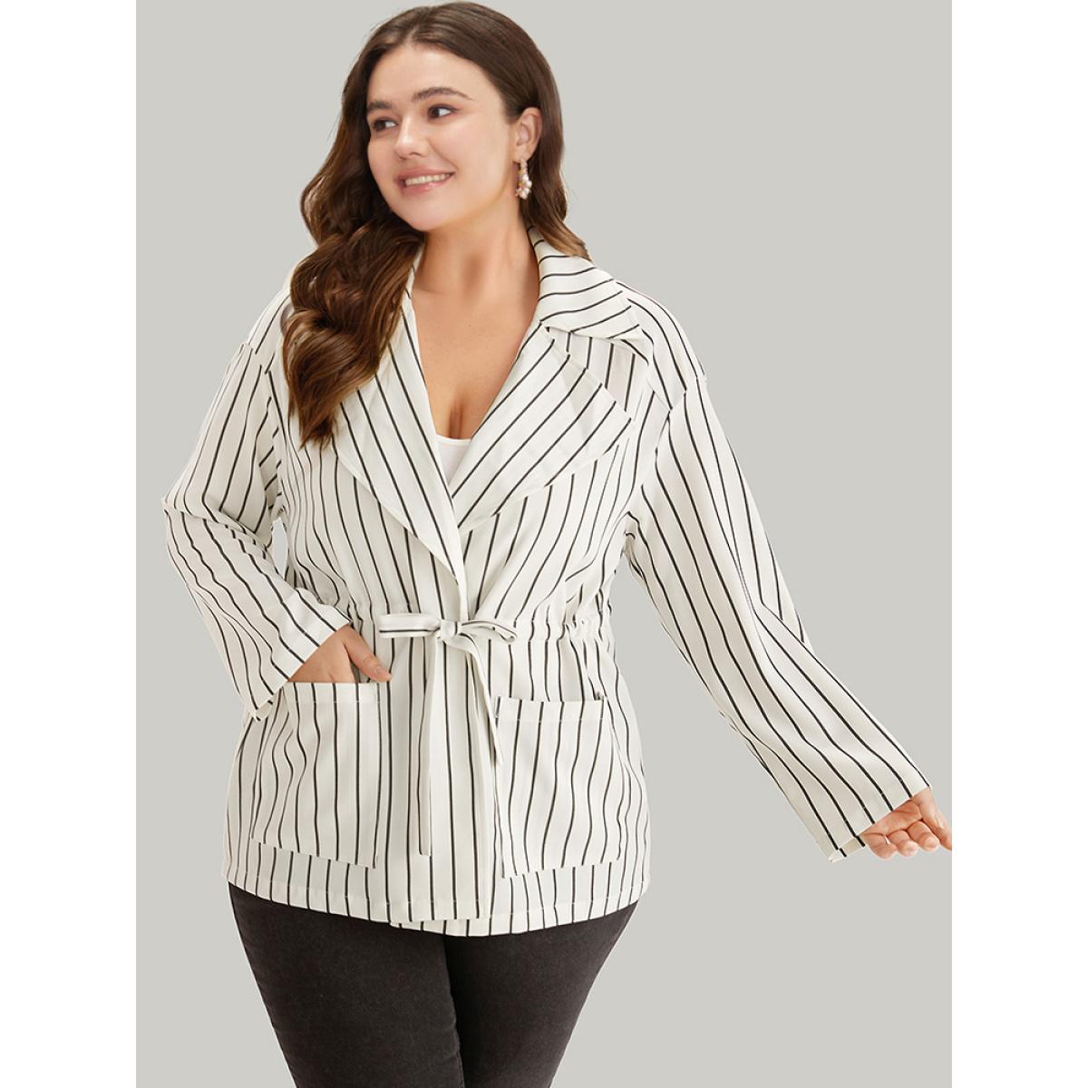 Plus Size Striped Suit Collar Drawstring Patched Pocket Coat Women White Casual Knotted Ladies Everyday Winter Coats BloomChic 14-16/1X Product Image