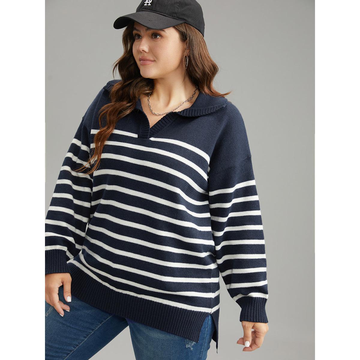 Plus Size Polo Striped Print Split Side Pullover Midnight Women Casual Loose Long Sleeve Polo Dailywear Pullovers BloomChic 12/L Product Image