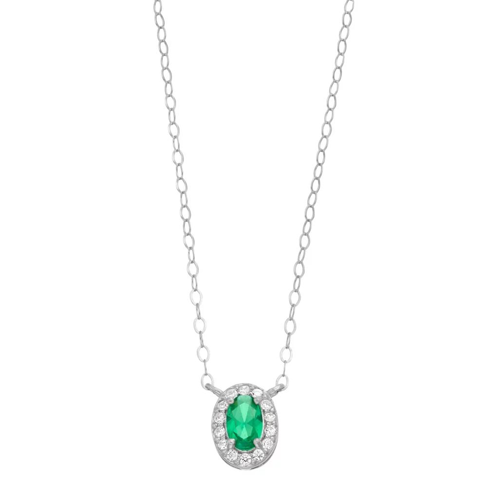Aleure Precioso Sterling Silver Lab-Created Gemstone & Cubic Zirconia Teardrop Halo Necklace, Women's, Size: 16", Sterling Silver Green Product Image
