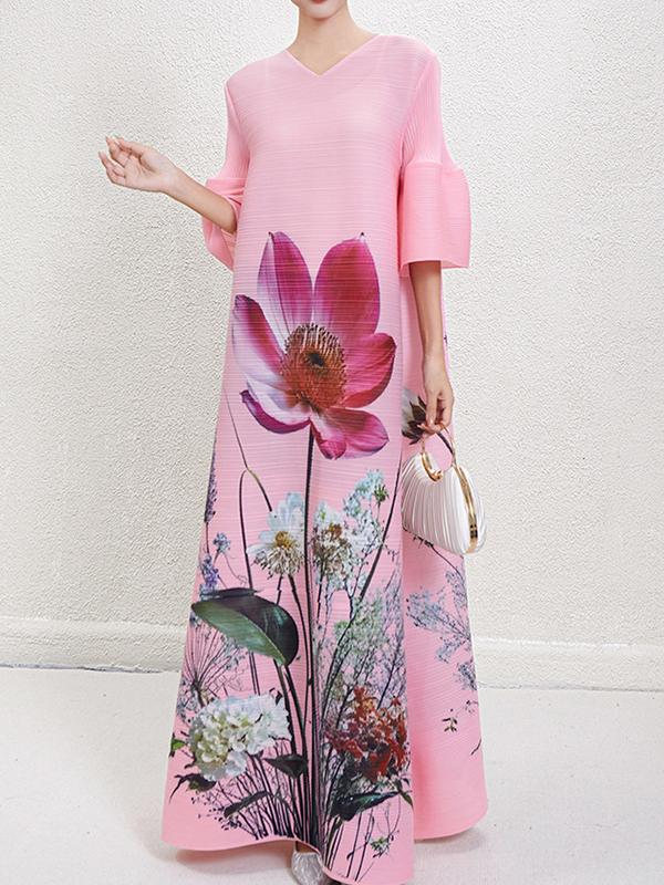 A-Line Flared Sleeves Flower Print Pleated V-Neck Maxi Dresses Product Image