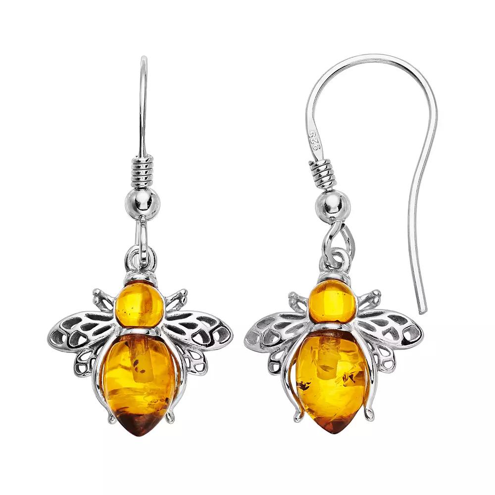 Sterling Silver Amber Bee Drop Earrings, Women's Product Image