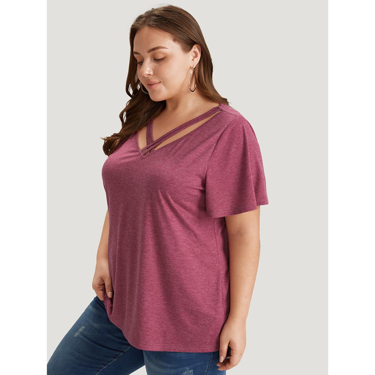 Plus Size Plain Ruffle Sleeve Heather Crisscross Neck T-shirt RedViolet Women Casual Heather Plain V-neck Dailywear T-shirts BloomChic 26/4X Product Image
