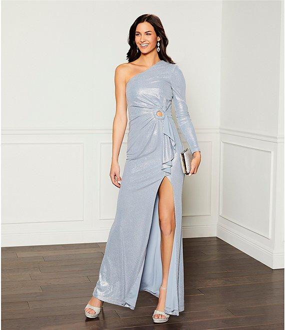 Dress the Population Summer Metallic One Shoulder Long Sleeve O-Ring Cutout Ruffle Side Slit Product Image
