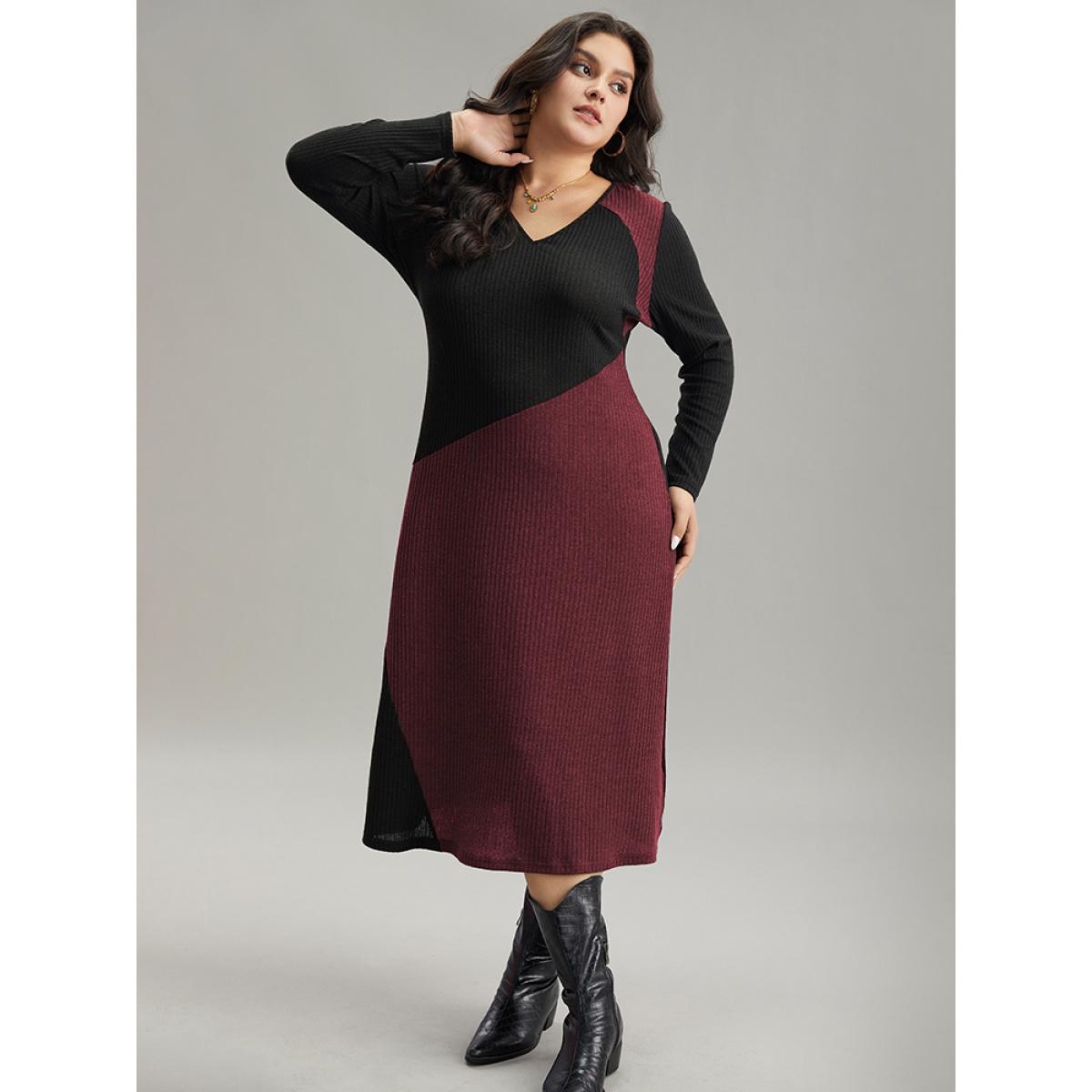 Plus Size Two Tone Patchwork V Neck Dress Burgundy Women Casual Patchwork V-neck Long Sleeve Curvy Midi Dress BloomChic 22-24/3X Product Image
