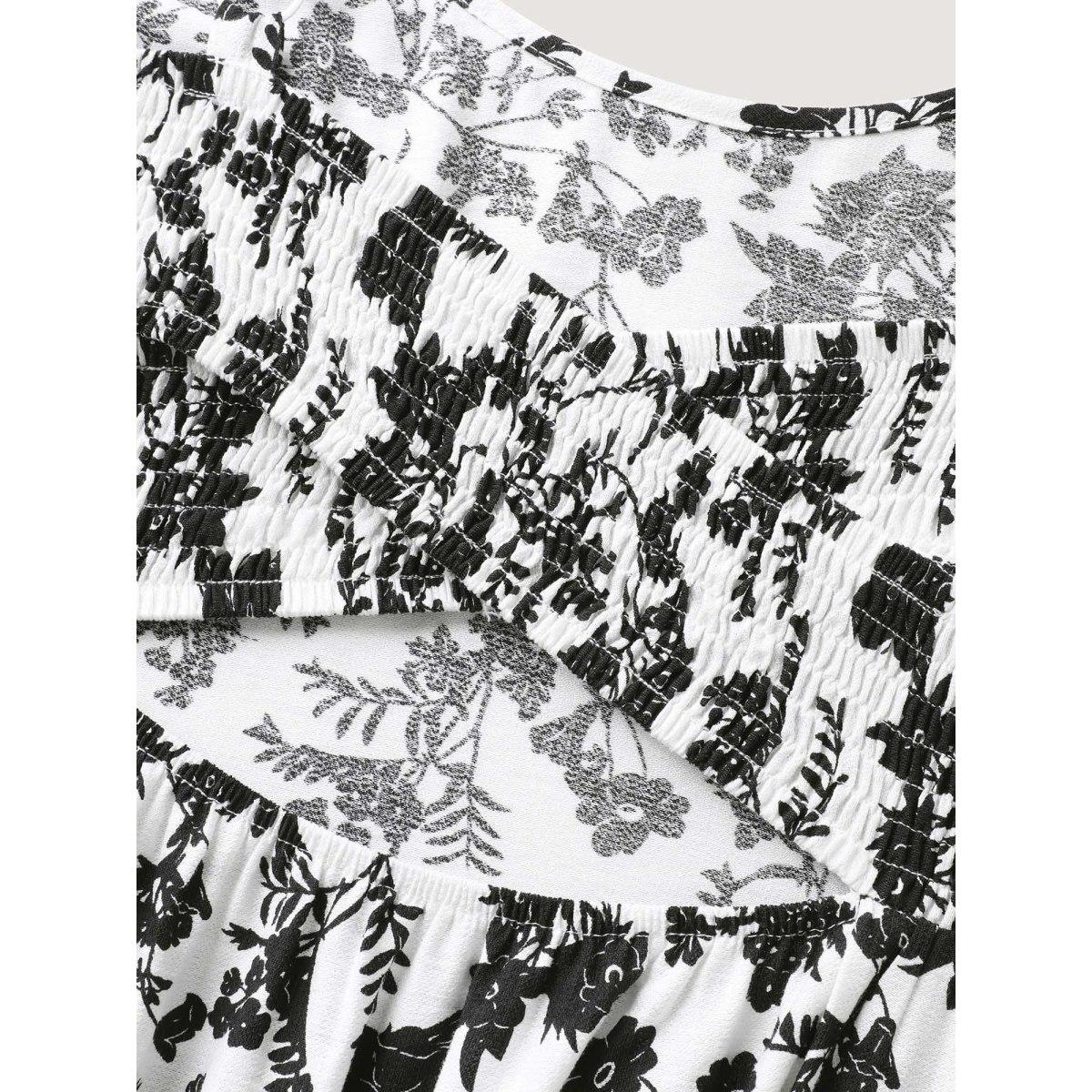 Plus Size Monochrome Florals Shirred Backless Midi Dress Black Women Contrast U-neck Sleeveless Curvy BloomChic 28/5X Product Image