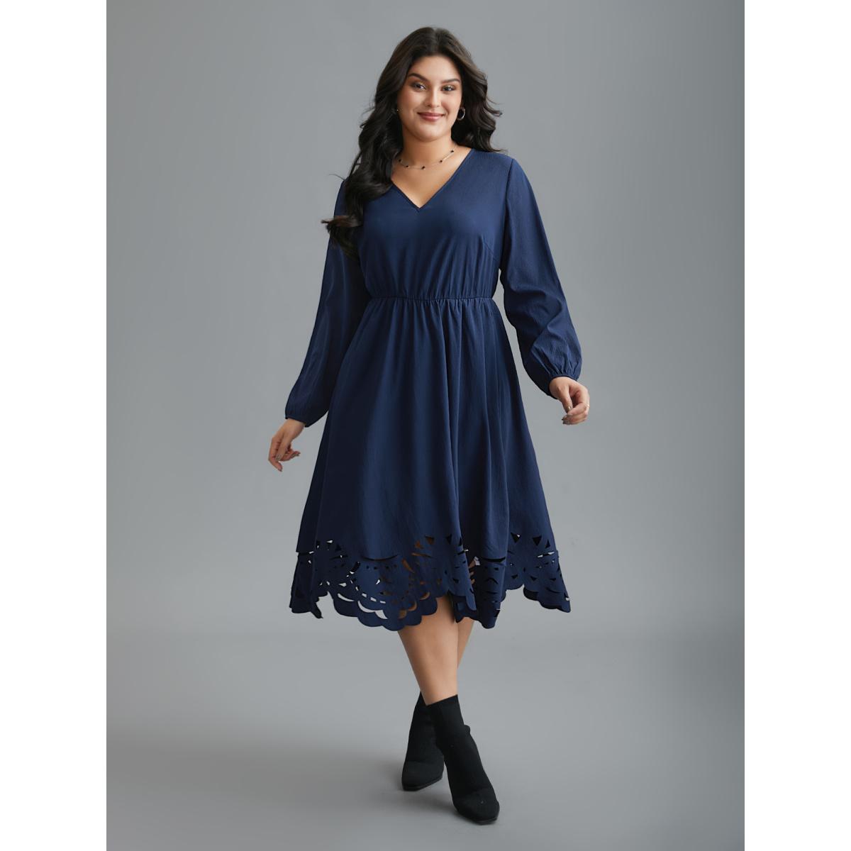 Plus Size Laser Cut Elastic Waist Pocketed Midi Dress Navy Women Elegant Texture V-neck Long Sleeve Curvy BloomChic 22-24/3X Product Image